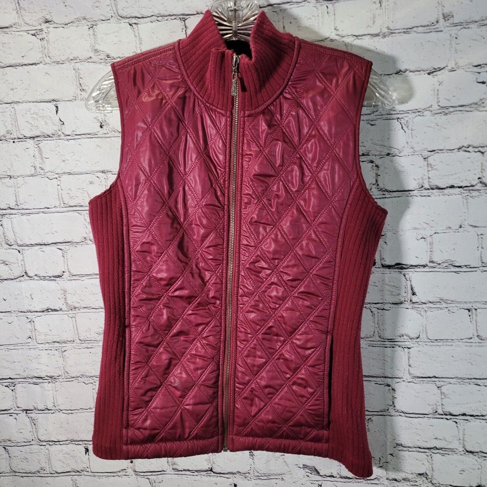 Prana Quilted Vest Womens Small Burgundy Sherpa Lined Full Zip‎ Mock Neck Vest